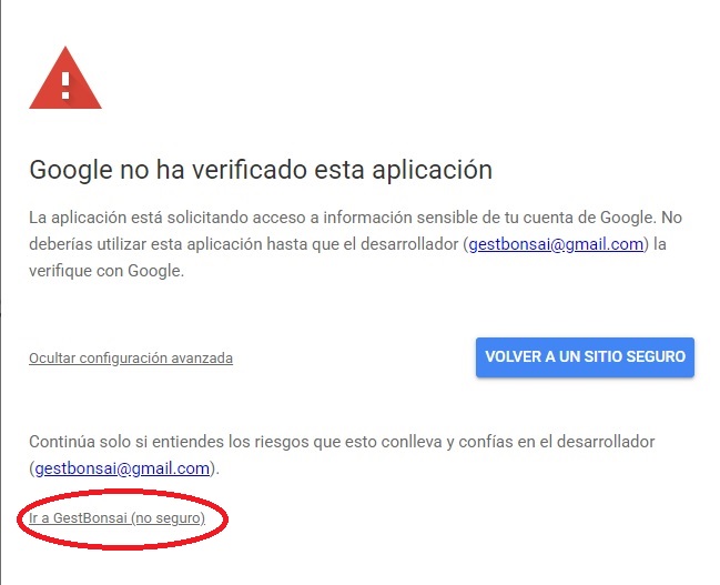 Pantalla de configuración avanzada con la opción Ir a GestBonsai