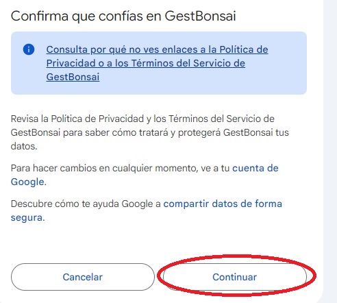 Pantalla Confirma que confías en GestBonsai