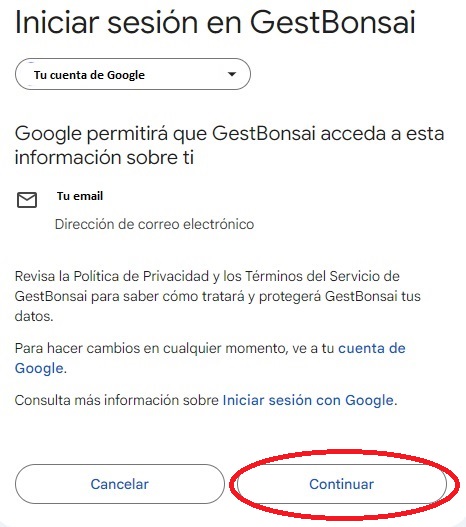 Pantalla Iniciar sesión en GestBonsai