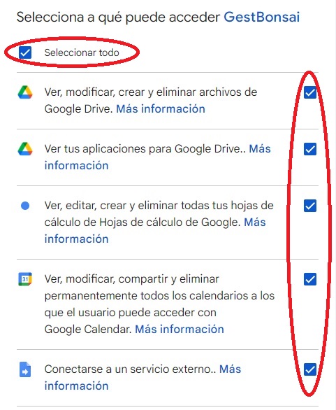 Pantalla Selecciona a qué puede acceder GestBonsai